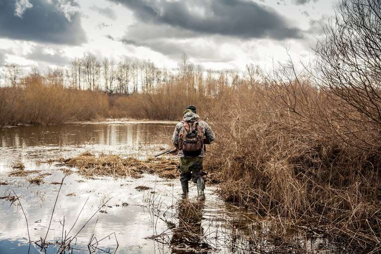 A hunter in camo wearing a pack wades in shallow water, why hunter education is important concept. 