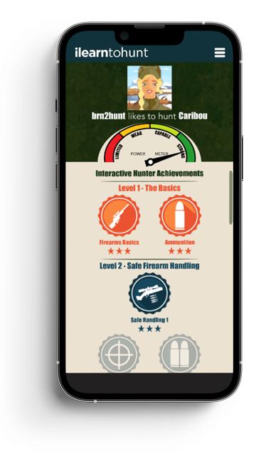 Interactive hunter achievement screen from ilearntohunt course on a mobile device, I learn to hunt concept. 