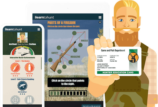 Illustrations of the ilearntohunt course and hunter education card, learn about sight picture concept.