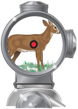 An illustration of a sight picture through a scope showing a dot on the target deer. . 