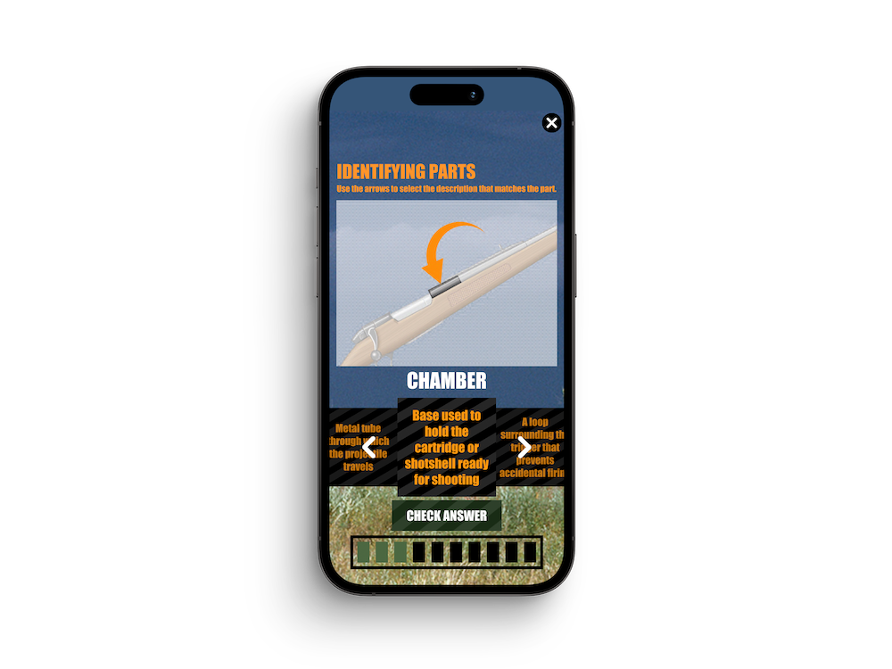 A phone showing an ilearntohunt hunter safety course on screen, learn what is a shotstring concept. 