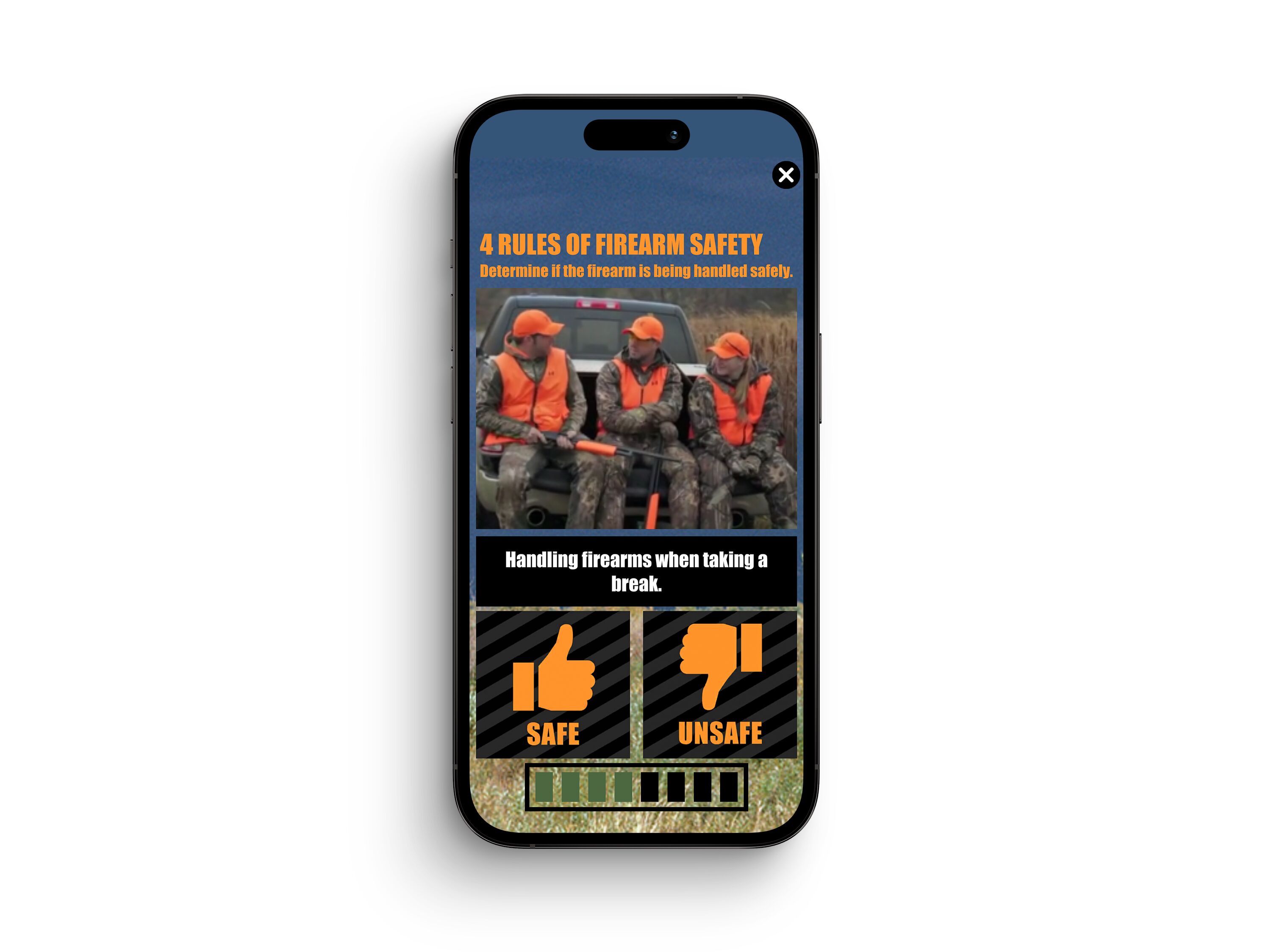 4 Rules of Firearm Safety ilearntohunt course on a phone screen, TABK concept. 