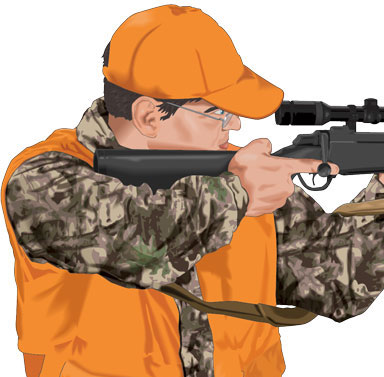 Illustration of a hunter keeping a finger off the trigger, apply TABK firearm safety rules concept. 