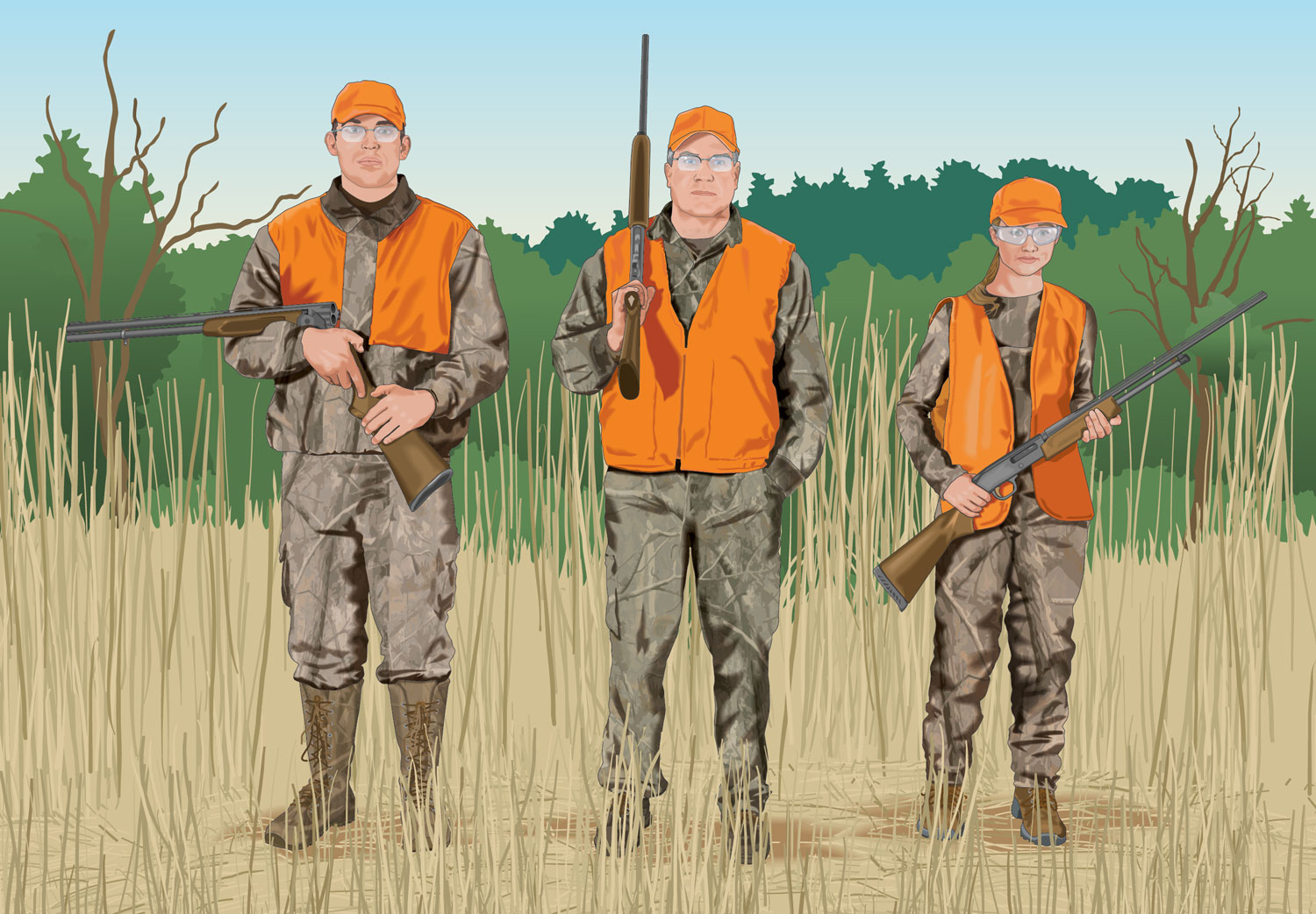 Drawing of three hunters standing side by side holding rifles safely, TABK concept. 