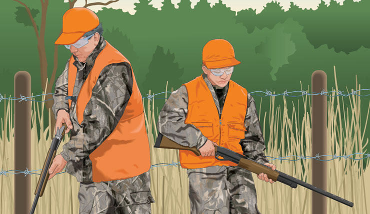 An illustration of two hunters pointing muzzles in safe directions, apply TABK rules concept. 