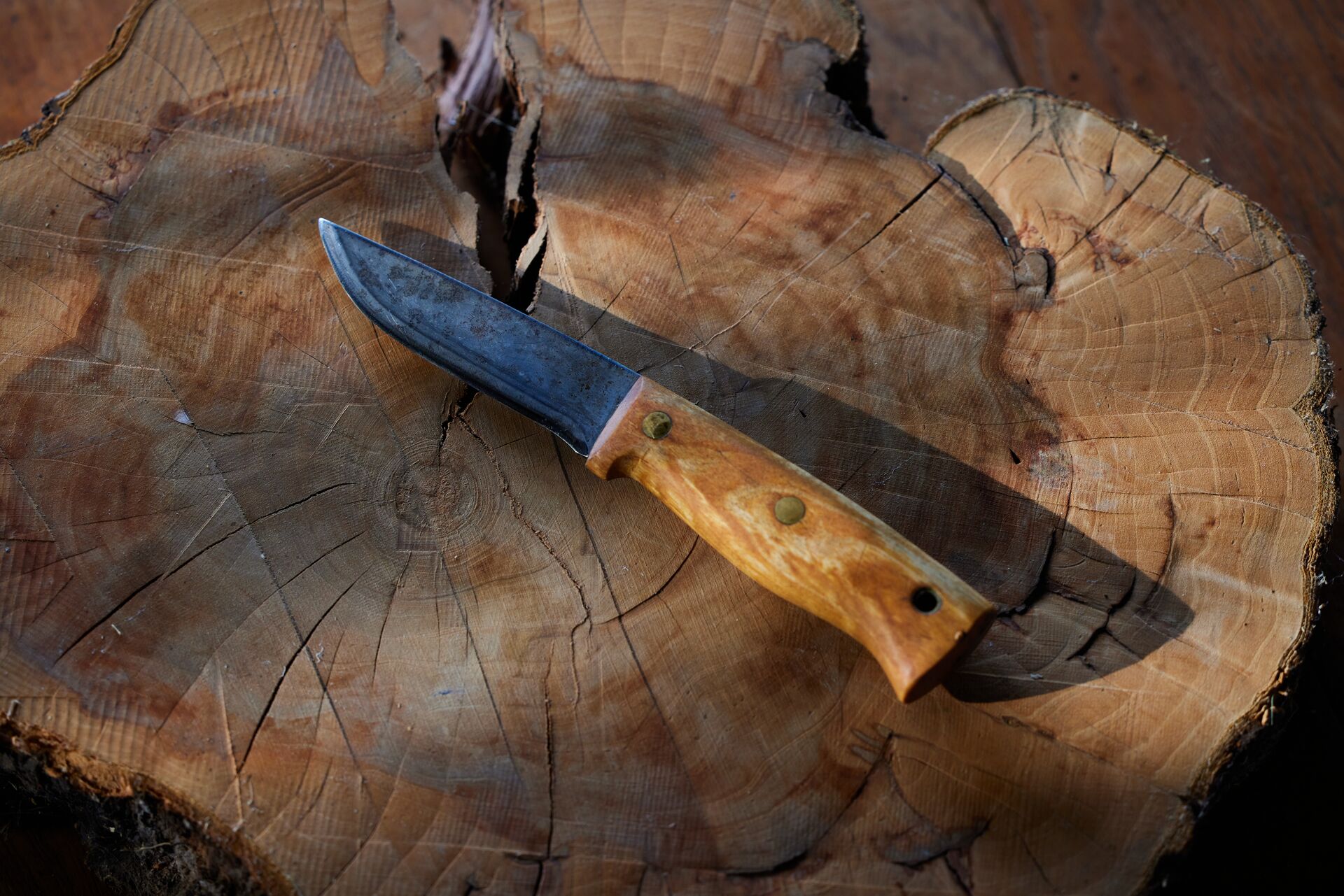 A hunting knife on a tree stump. 