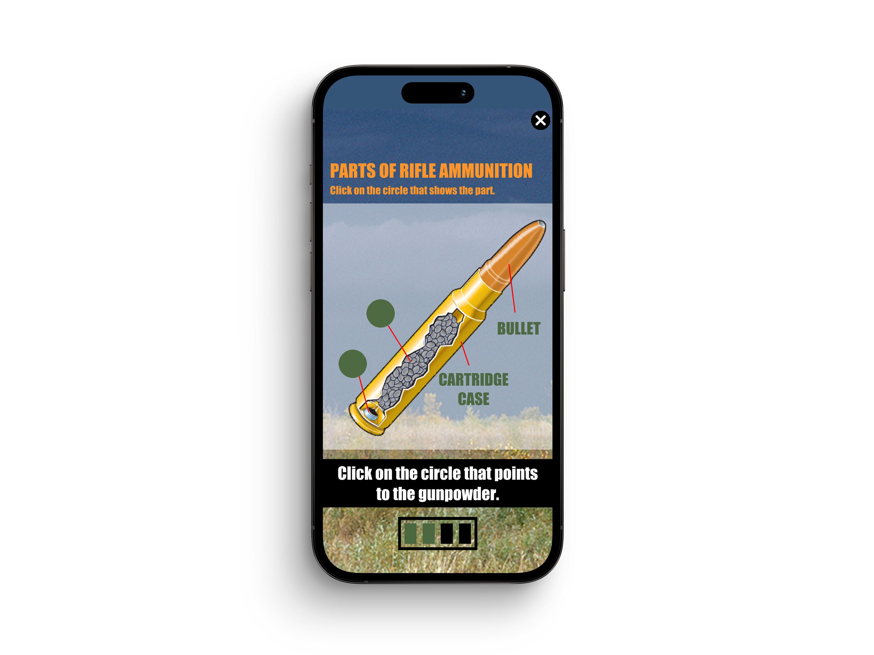 Illustration of an ilearntohunt hunter safety course on a phone screen, choose the caliber of bullets concept. 