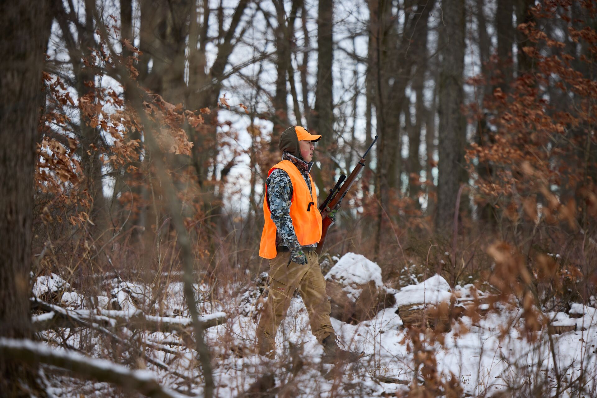 A hunter wears blaze orange and carries a rifle through the woods, squirrel hunt concept. 