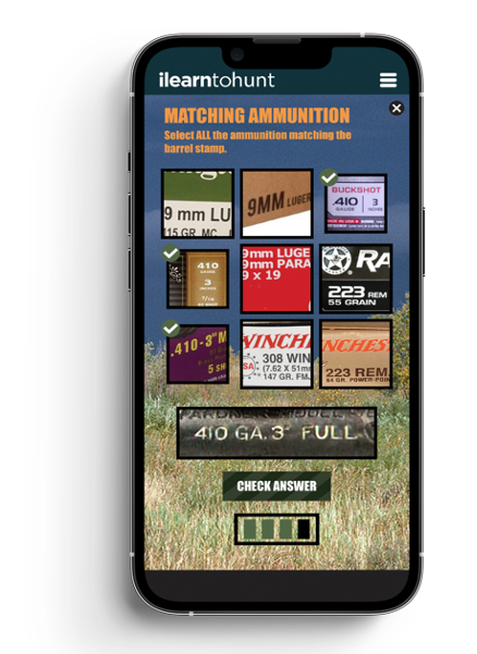 An illustration of a phone screen showing a hunter education course from ilearntohunt. 