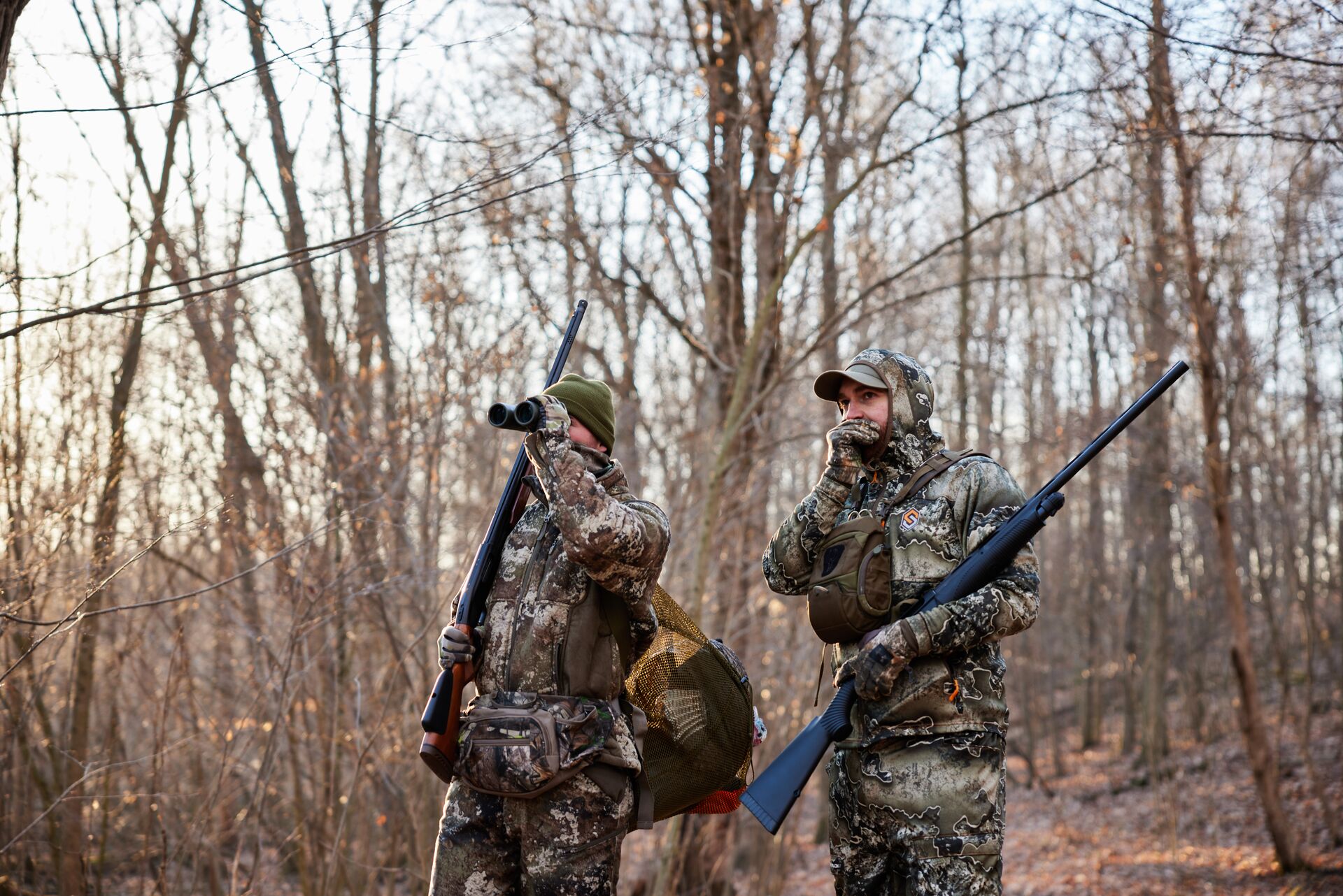 Two hunters in camo with shotguns use turkey call and binoculars, apprentice hunt concept. 